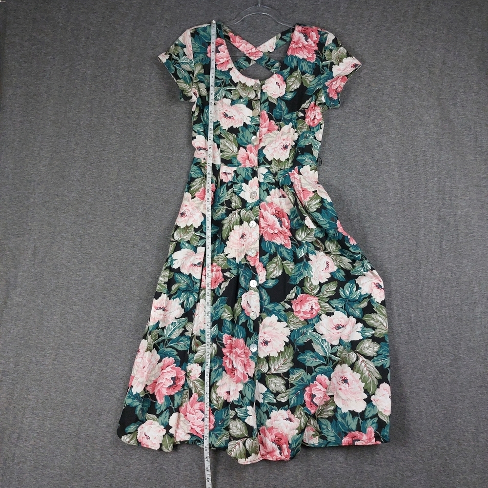 CAROL ANDERSON PETITES WOMENS VTG 90S BLACK FLORAL BELTED A LINE DRESS SZ 14P - Picture 10 of 15